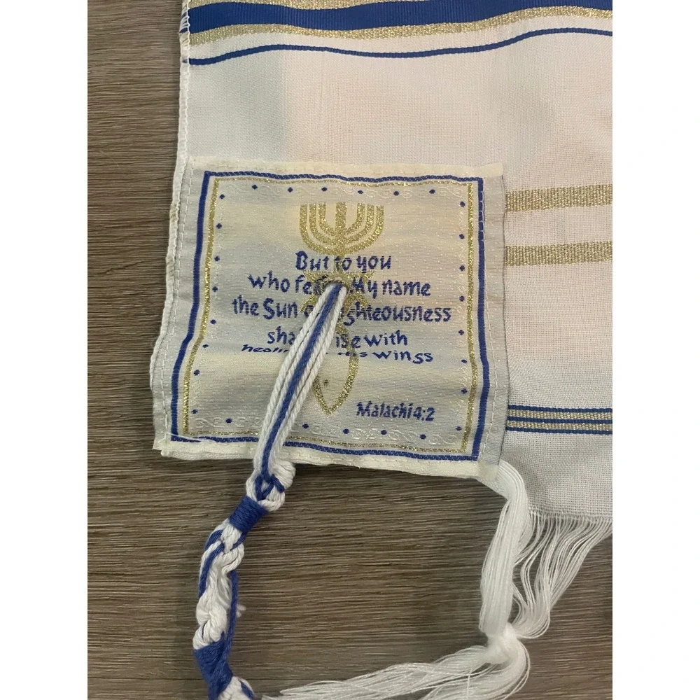 Messianic Jewish Tallit Prayer Shawl White Blue Gold Hebrew Bible Verses 70in